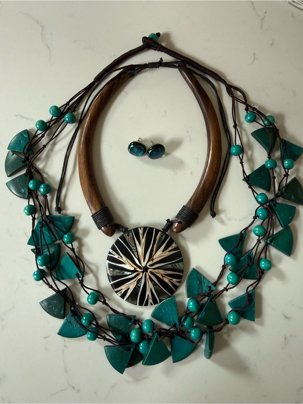 Handcrafted Turquoise Statement Necklaces (2) and Vintage Earrings Set